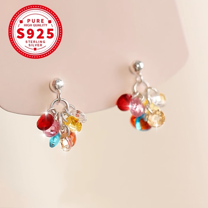 Women's S925 Colorful Round Synthetic Zirconia Stud Earrings
